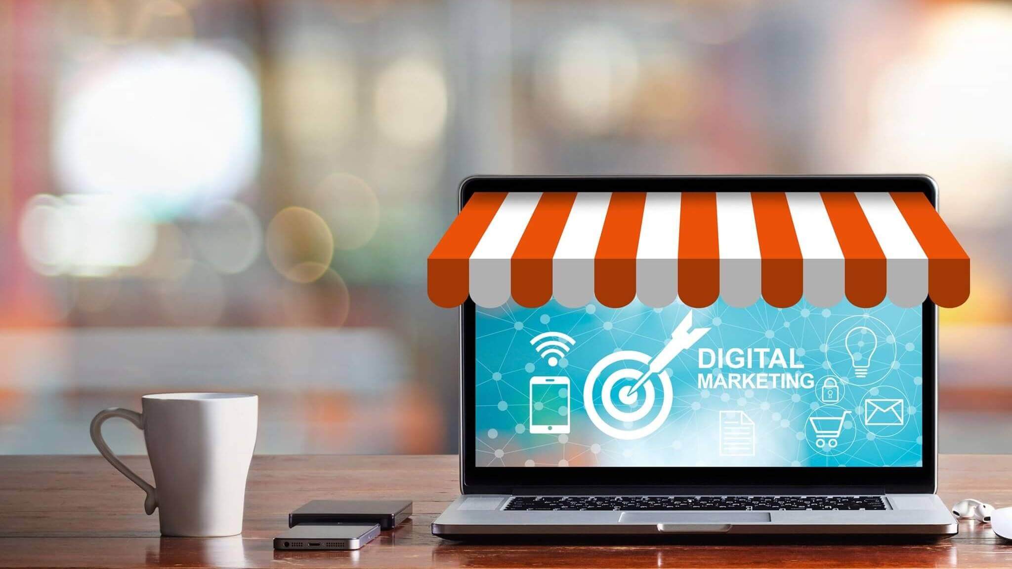 Digital Marketing Concept. Modern Laptop Screen With Icon Market