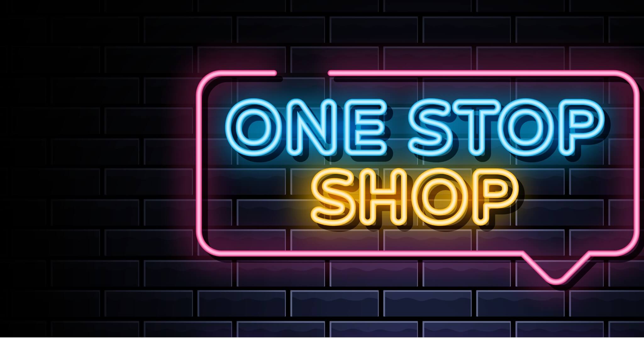 One Stop Shop. Vector Hand Drawn Speech Bubble Icon. Neon Sign Style